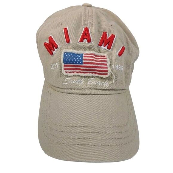Miami South Beach American Flag Baseball Hat Embroidered Adjustable Khaki RARE!! - Picture 1 of 16